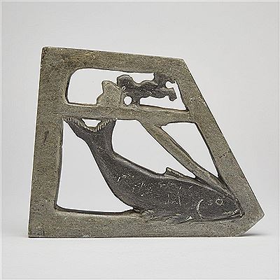 THAT INUK HE FISHES, THE WATER IS DEEP AND WHEN THE GREAT FISH TAKES THE BAIT ITS POWER PULLS HIM OVER AND HE BUMPS HIS HEAD ON THE WIND BREAK by Thomassie Kudluk - Auction record, sale price, and art valuation. Compare with similar artists and explore comparable artworks.