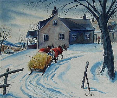 Hay Cart in Snow-Covered Farmyard by Maurice Thomas - Auction record, sale price, and art valuation. Compare with similar artists and explore comparable artworks.