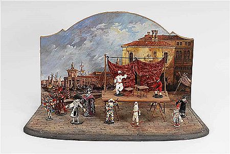 Venice scenery with figures of Commedia del'arte