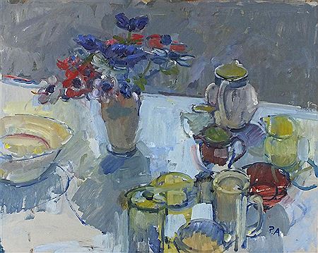 Still life – kitchen table assortment with anemones