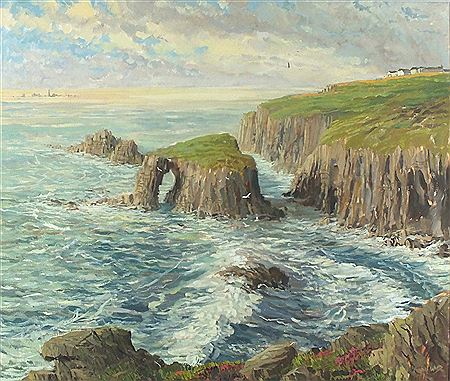 The Cliffs near Land's End & Enys Dodman Arch & a distant view of the Longships Lighthouse