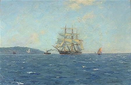 Shipping at Falmouth Bay off St Anthony's Lighthouse - Square rigged three masted ship with pilot tug entering Falmouth