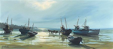 Unloading the catch - beached boats evening