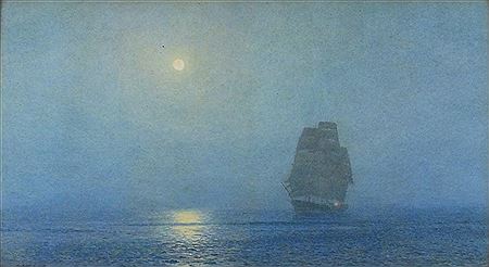 A square rigged three masted sailing ship at sea under a full moon