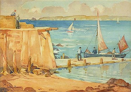 Setting Sail from a jetty St Ives with distant view of Godrevy Lighthouse