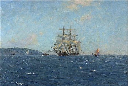 Shipping in Falmouth Bay off St Anthony's Lighthouse - square rigged three masted ship with pilot tug entering Falmouth