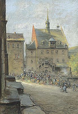 Markttreiben vor dem Pößnecker Marktplatz. by Franz Huth - Auction record, sale price, and art valuation. Compare with similar artists and explore comparable artworks.