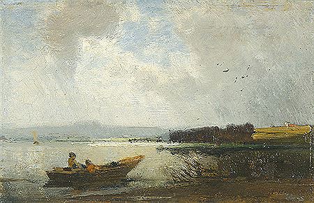 Ufer am Chiemsee mit Fischerboot.
