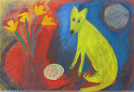 Still life with yellow dog