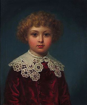 Portrait of Walter W. Ffennell as a boy, half length, wearing a red jacket and lace collar