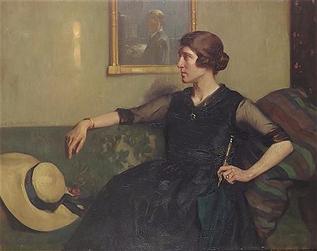 Portrait of a woman, seated, the artist reflected in the mirror