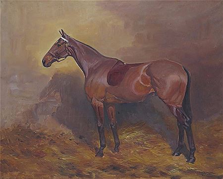 A grey in a stable and a bay hunter in a stable A pair