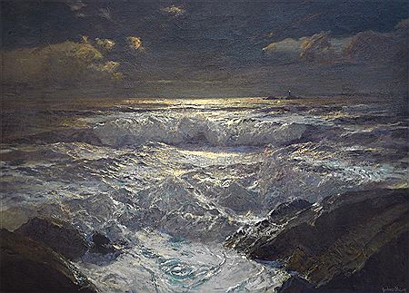 Moonlit waves on the shore with The Longships Lighthouse, Land's End, Cornwall