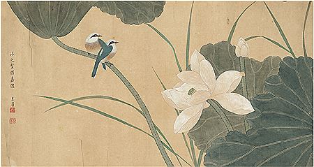TWO BIRDS OVER A LOTUS POND