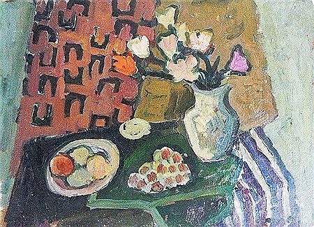 Still life with flowers vase and fruits