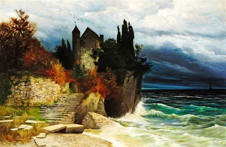 Aufziehendes Gewitter - Burg am Seeufer by Jakob Lorenz Rudisuhli - Auction record, sale price, and art valuation. Compare with similar artists and explore comparable artworks.