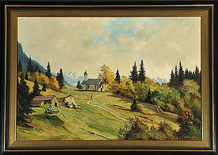 "Kapelle mit Bäuerin in Gebirgslandschaft"