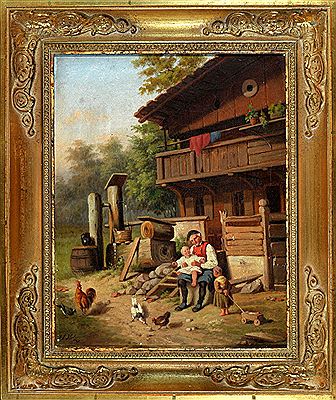 "Großvater mit Kindern vor Bauernhaus"