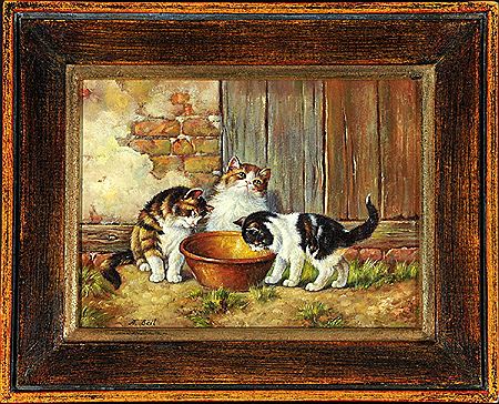 "Drei Katzen vor einer Schüssel"