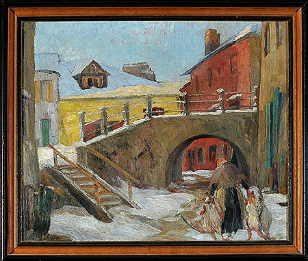 "Straßenszene mit alter Frau"