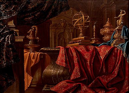 Instrument scientifique et bougie sur un entablement avec un tapis