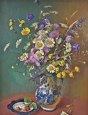 "Grosses Stilleben" mit Wiesenblumenstrauss und Schale mit Erdbeeren