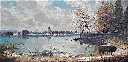 "Blick auf Konstanz" vom See aus, im Vordergund die Schmugglerbucht