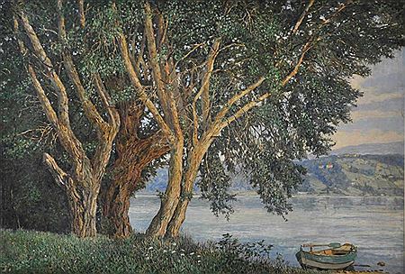 "Am Ufer der Reichenau", Ausblick mit Bäumen auf den See mit Boot am Ufer liegend