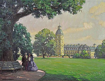 "Schlosspark in Karlsruhe", Park mit Schloss und Spaziergängern in feiner Kleidung