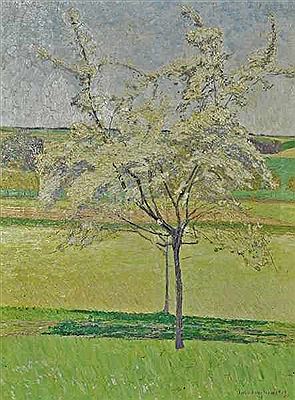 "Spring Meadow" with fruit trees in bloom white standing at a distance bright blue sky by Julius Jungheim - Auction record, sale price, and art valuation. Compare with similar artists and explore comparable artworks.