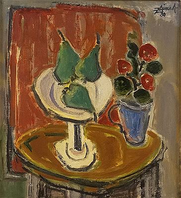 "White Fruit Bowl with Green Pears"