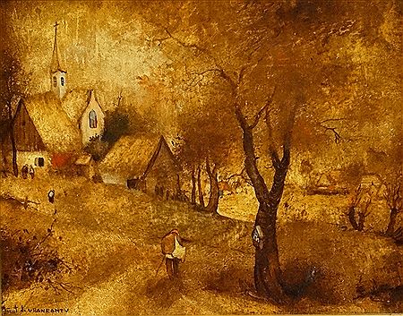 Sample artwork by George Vraneantu (1939 - 2006), known for rural folk life scenes in a style reminiscent of pieter bruegel the elder's dutch peasant genre paintings. - View similar artists and auction records