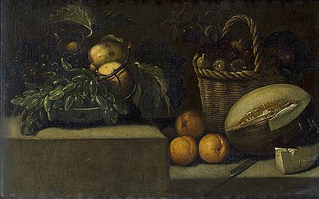 Bodegón con cesto de frutas