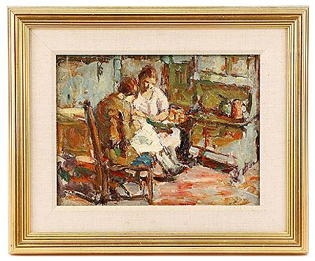 Sample artwork by Jesse Deviney (1883 - 1941), known for genre, landscape, interiors, figure - View similar artists and auction records