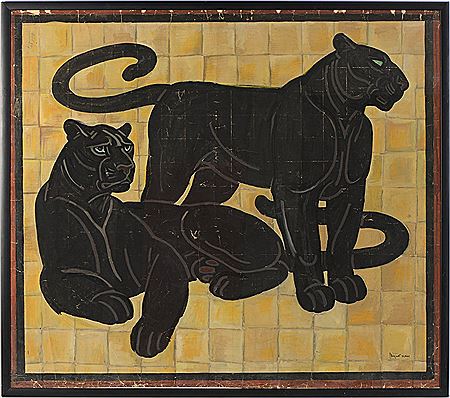 "Deux panthères noires" - Projet de laque sur fond or