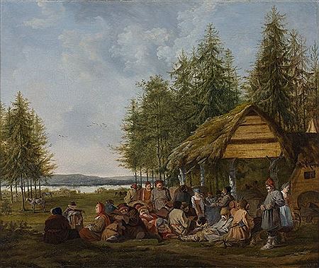 Russian Peasants before a hut by Charles Eschard - Auction record, sale price, and art valuation. Compare with similar artists and explore comparable artworks.