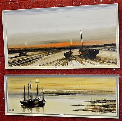 Boats at sunset, estuary scenes (pair)