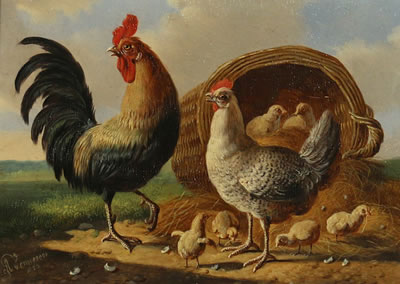 "Rooster, hen, and chicks in a basket"