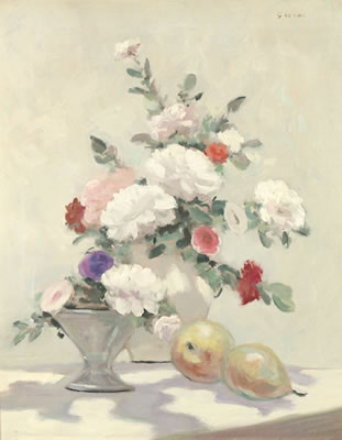 Still life of flowers and pears