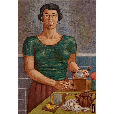 "Woman in Kitchen with Green Shirt"