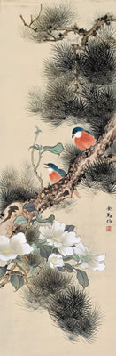 PINE, CAMELLIA AND TWO BIRDS