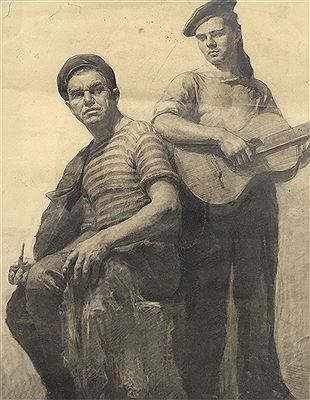 Portrait study of two men, one playing the guitar, the other holding a piper