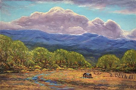 Landscape, "Mora Valley", Horses in pasture in front of Taos mountains