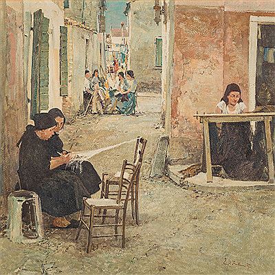 Street scene with lace makers and artisan women by Wilhelm Thelen - Auction record, sale price, and art valuation. Compare with similar artists and explore comparable artworks.