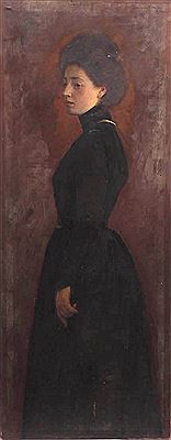 Bildnis einer jungen Dame in schwarzem Kleid, den Rock leicht mit der Hand gerafft, der Blick in die Ferne schweifend. Aus seiner römischen Schaffensperiode