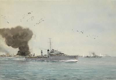 H.M.S. Montrose steaming away from the port of Dunkirk