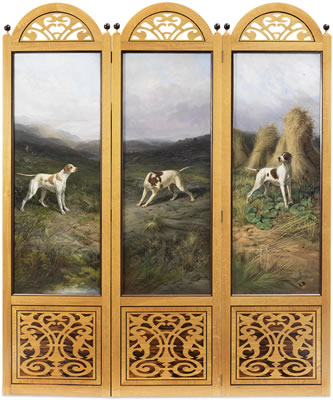 A set of three portraits of the champion pointers: Hamlet, 1868; Bang, 1876; Drake, 1875