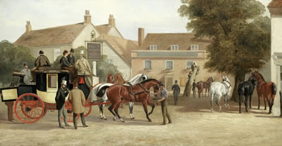 The London to Dorking Coach resting at the Marquess of Granby