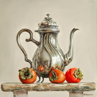 Jug and plums, Teapot and persimmons; a pair by Valeri Shishkin - Auction record, sale price, and art valuation. Compare with similar artists and explore comparable artworks.