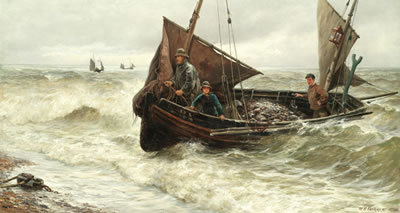 A Rye fishing boat coming ashore with the day's catch